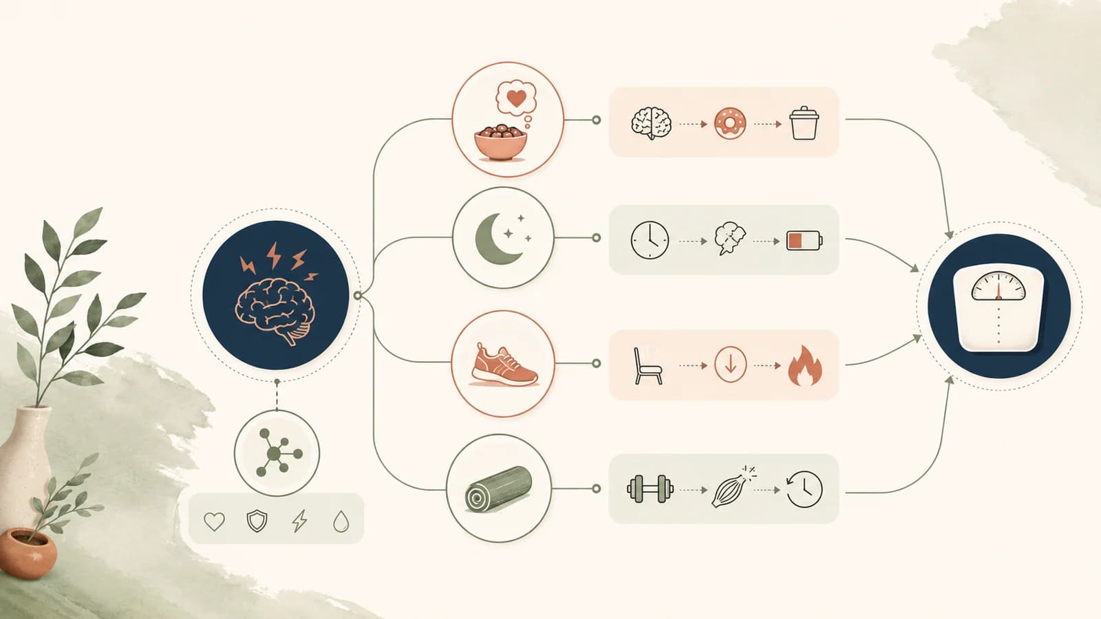 Editorial illustration of how stress can influence weight through eating, sleep, lower movement, and recovery, rather than cortisol acting alone.