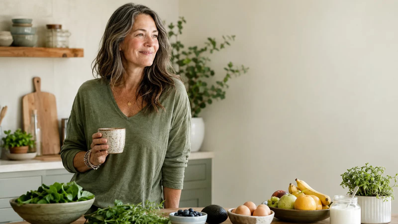 A confident woman in her early fifties standing in a bright, calm kitchen with fresh whole foods, looking relaxed and at ease.