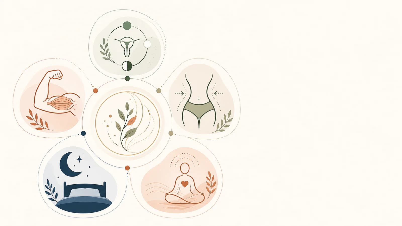 Editorial illustration of five factors behind menopause weight change: estrogen shifts, muscle loss, fat redistribution, sleep disruption, and stress.
