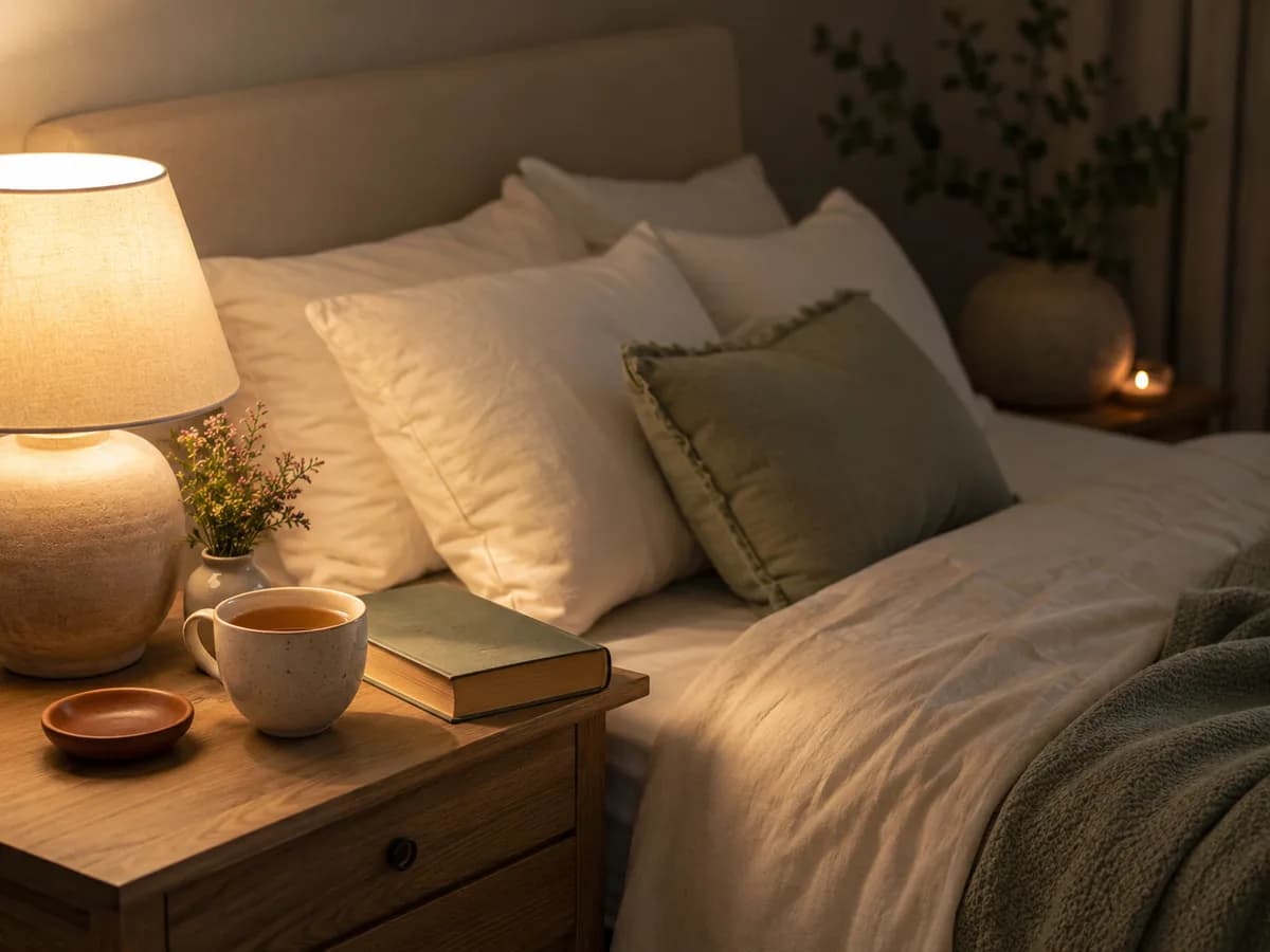 A calm evening wind-down scene with a bedside lamp, herbal tea, a book, and a cool, restful bedroom suggesting better sleep during menopause.