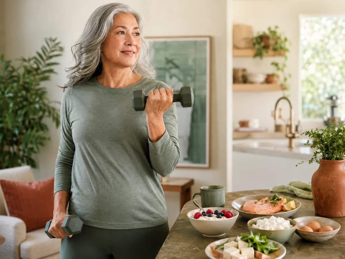 A woman over 50 doing light dumbbell strength training at home next to a protein-forward meal.