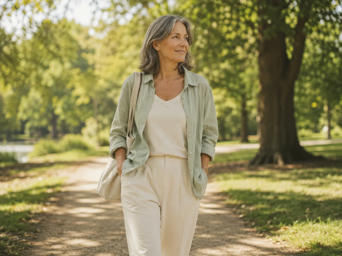 A woman in her fifties taking a relaxed walk in a park, an example of everyday movement.