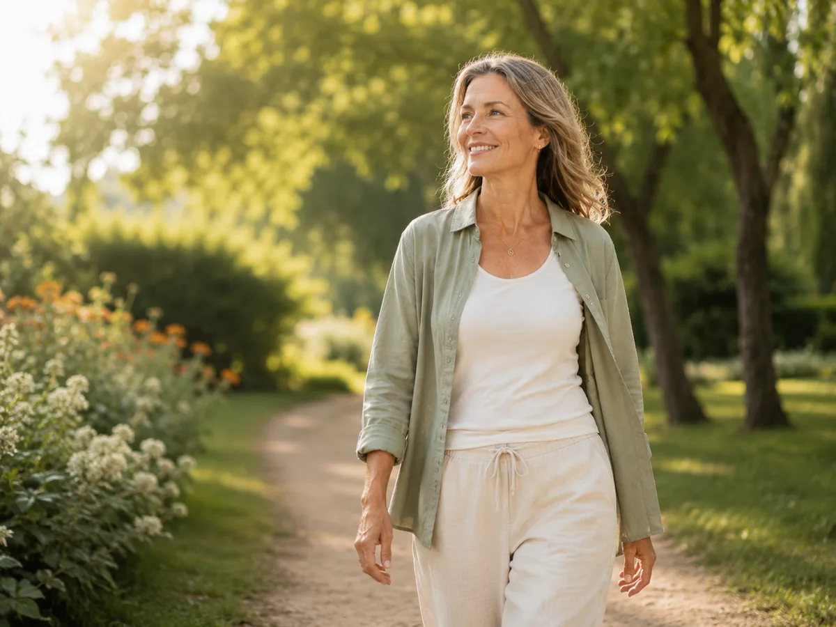 A woman over 40 doing light resistance training at home, focused and capable.