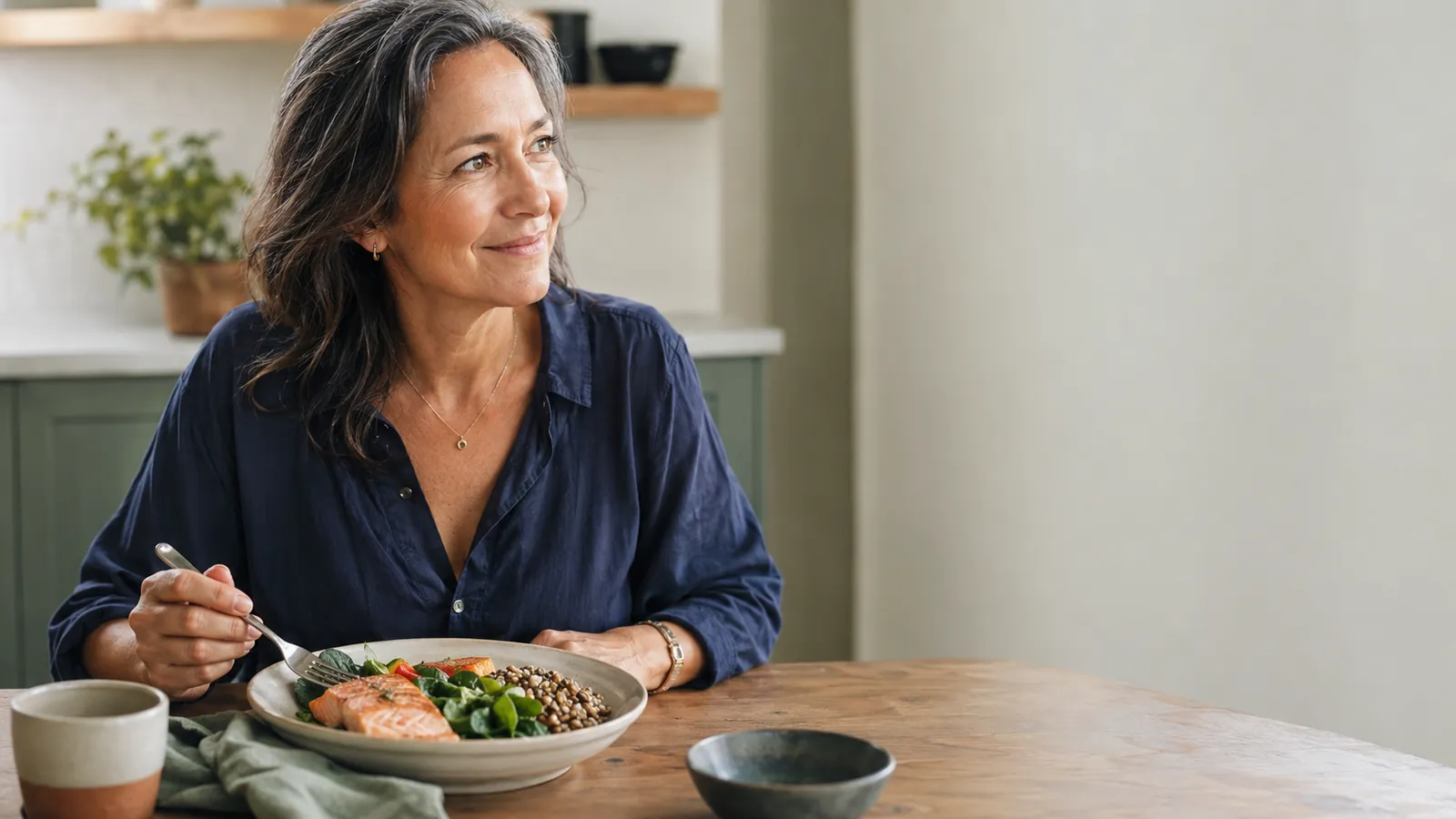 A woman in her early fifties enjoying a balanced, protein-forward meal in a bright, calm kitchen.