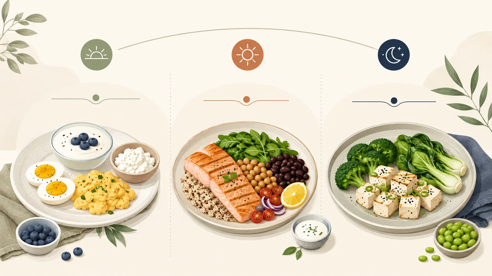 Editorial illustration showing protein spread across breakfast, lunch, and dinner, with a variety of protein sources.