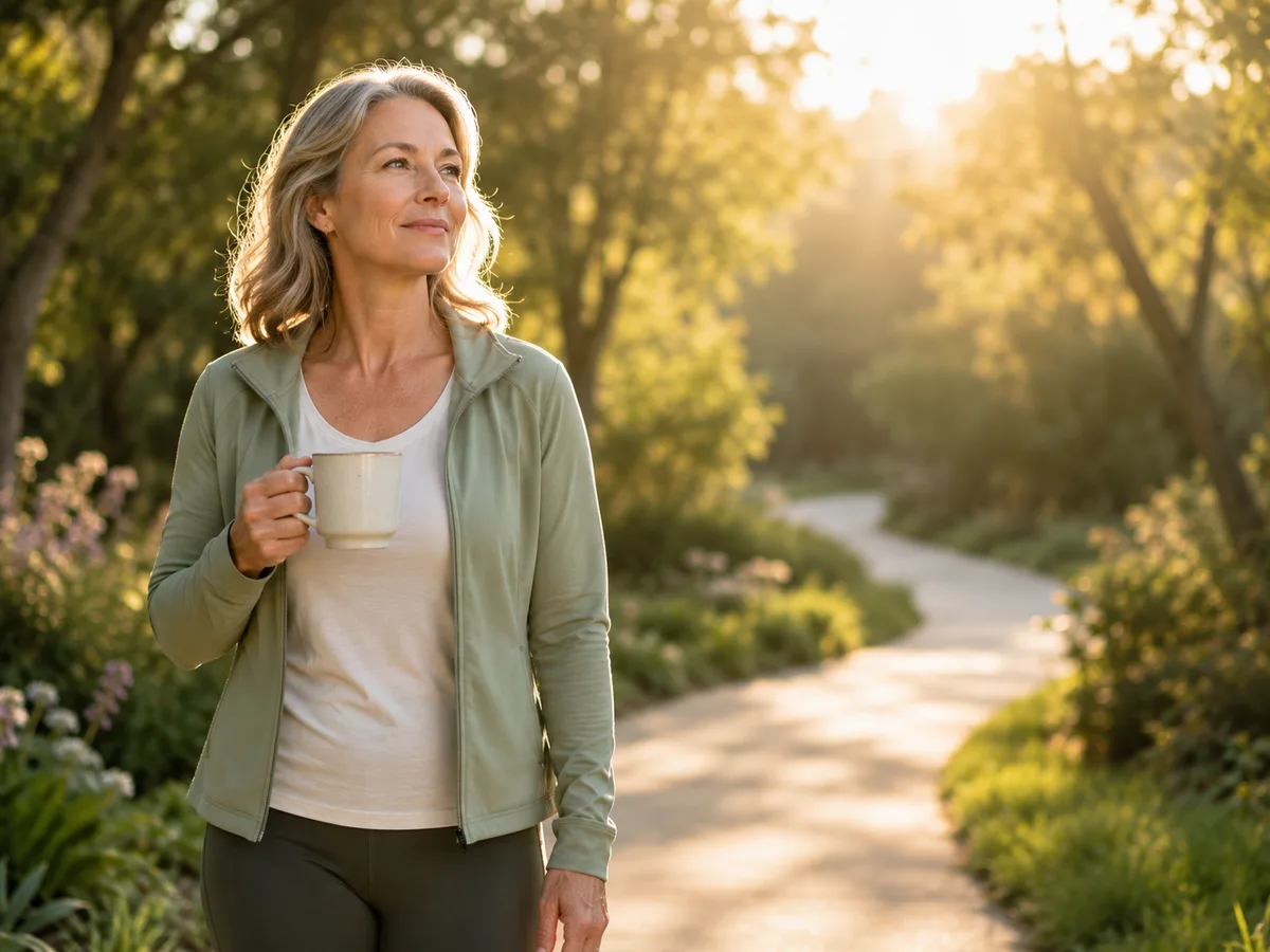 A woman in her fifties enjoying morning daylight outdoors with a cup of coffee, a daytime habit that supports better sleep.