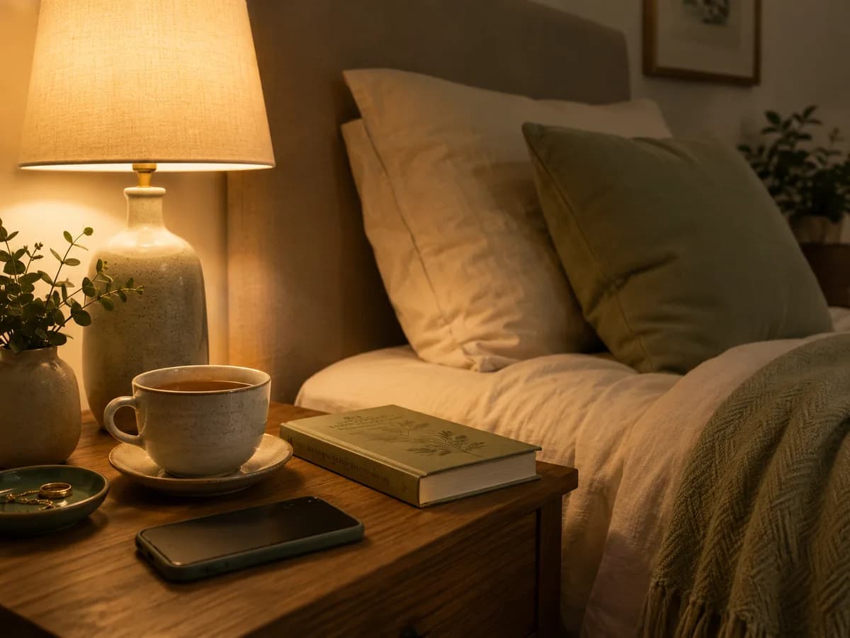 A calm evening wind-down: a bedside lamp, herbal tea, and a book in a restful bedroom.
