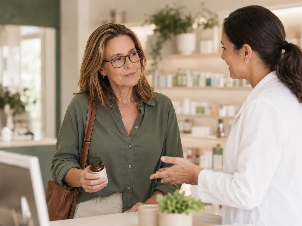 A woman in her fifties talking with a pharmacist at a pharmacy counter about a supplement.