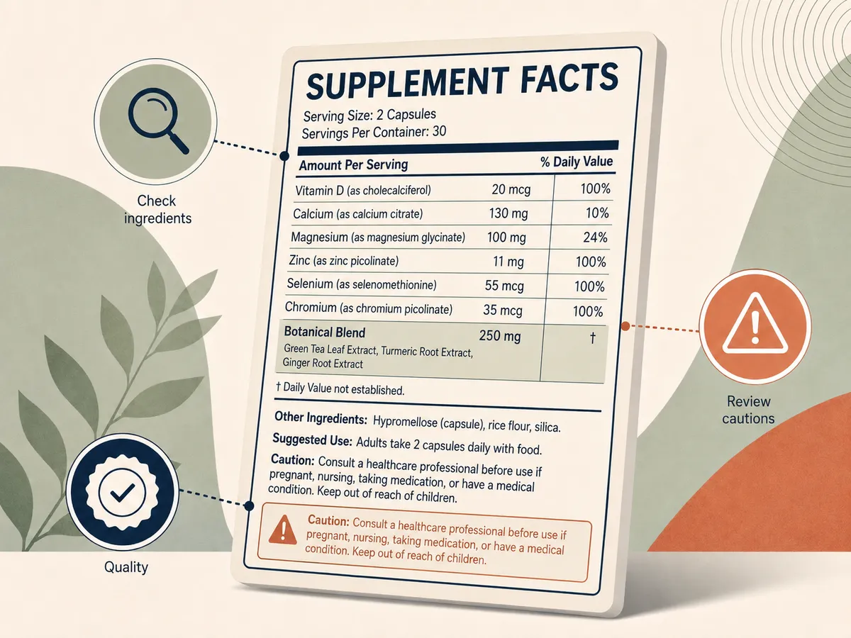 Editorial illustration of what to check on a supplement label: ingredient amounts, proprietary blends, stimulants, third-party testing seals, and cautions.