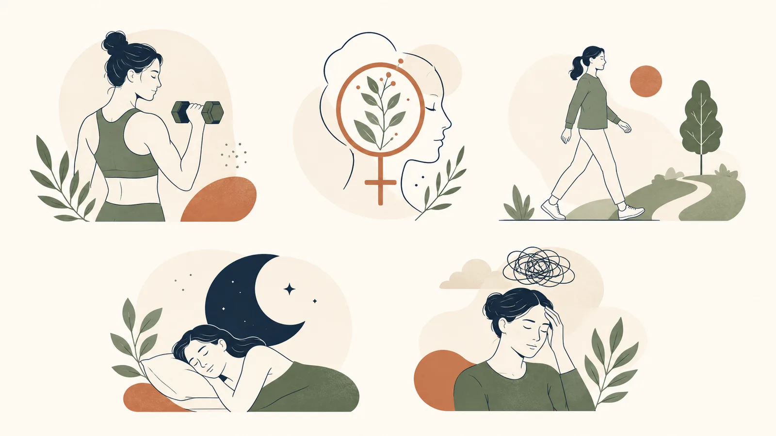 Editorial illustration showing five midlife factors that affect weight: muscle, hormones, daily activity, sleep, and stress.