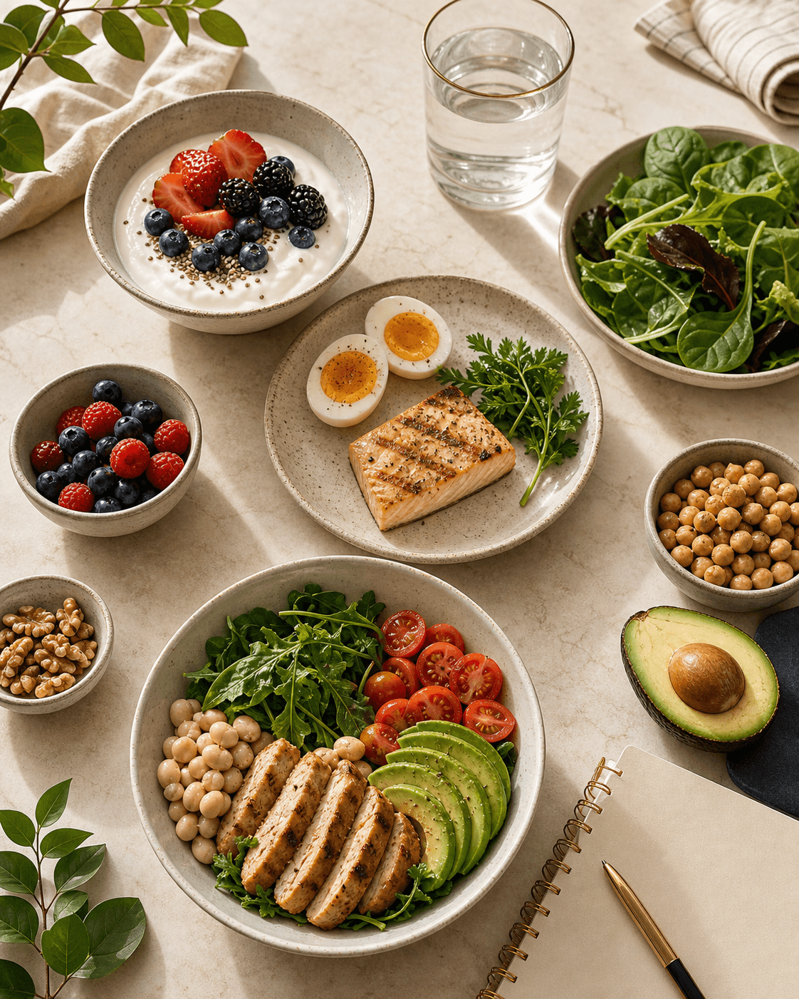 A simple protein-forward meal plan laid out with fresh ingredients, offered as a free 40+ weight-loss reset checklist.