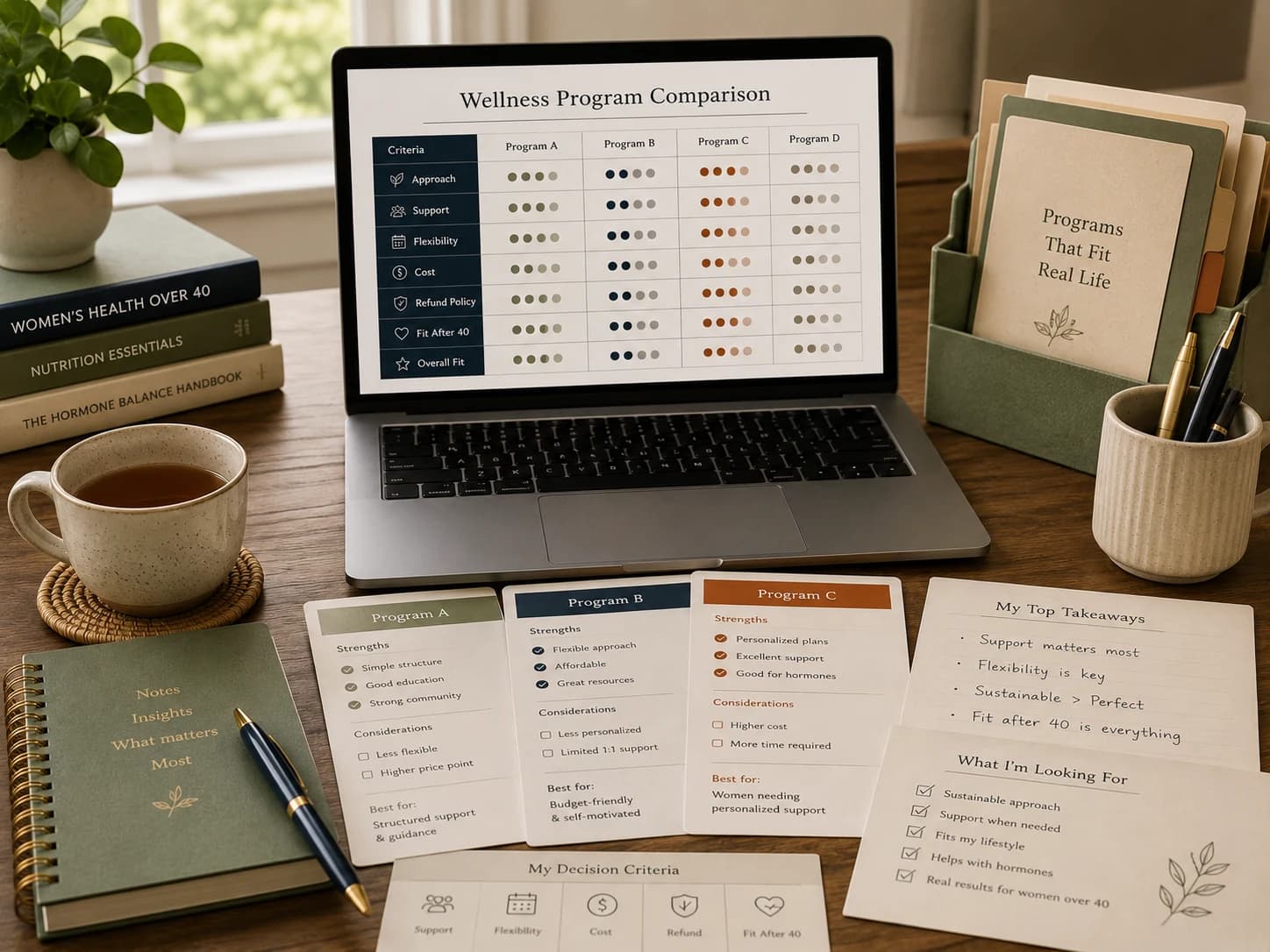 Wellness program comparison workspace with review cards and decision criteria.